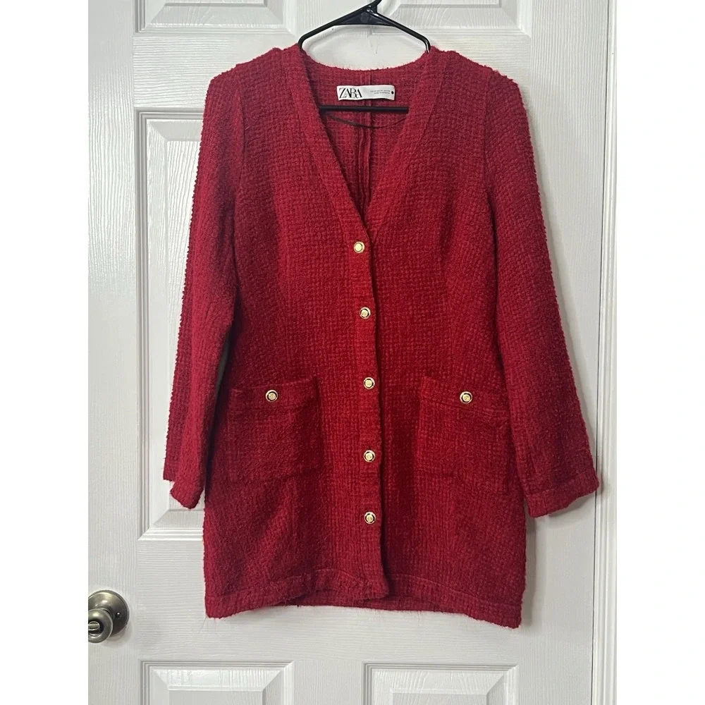 ZARA Boucle Knit Cardigan Dress M Red Preppy Old Money Dark Academia Chic Luxe - Picture 2 of 7